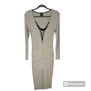 May Pink Stripe Midi‎ Dress V-Cut With Lace Size Large